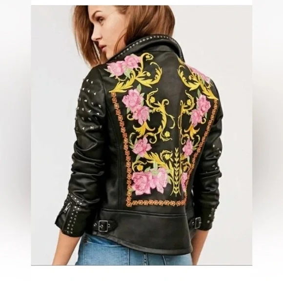 Silence + Noise Irina Embroidered Vegan Leather Moto Jacket XS - Picture 1 of 16